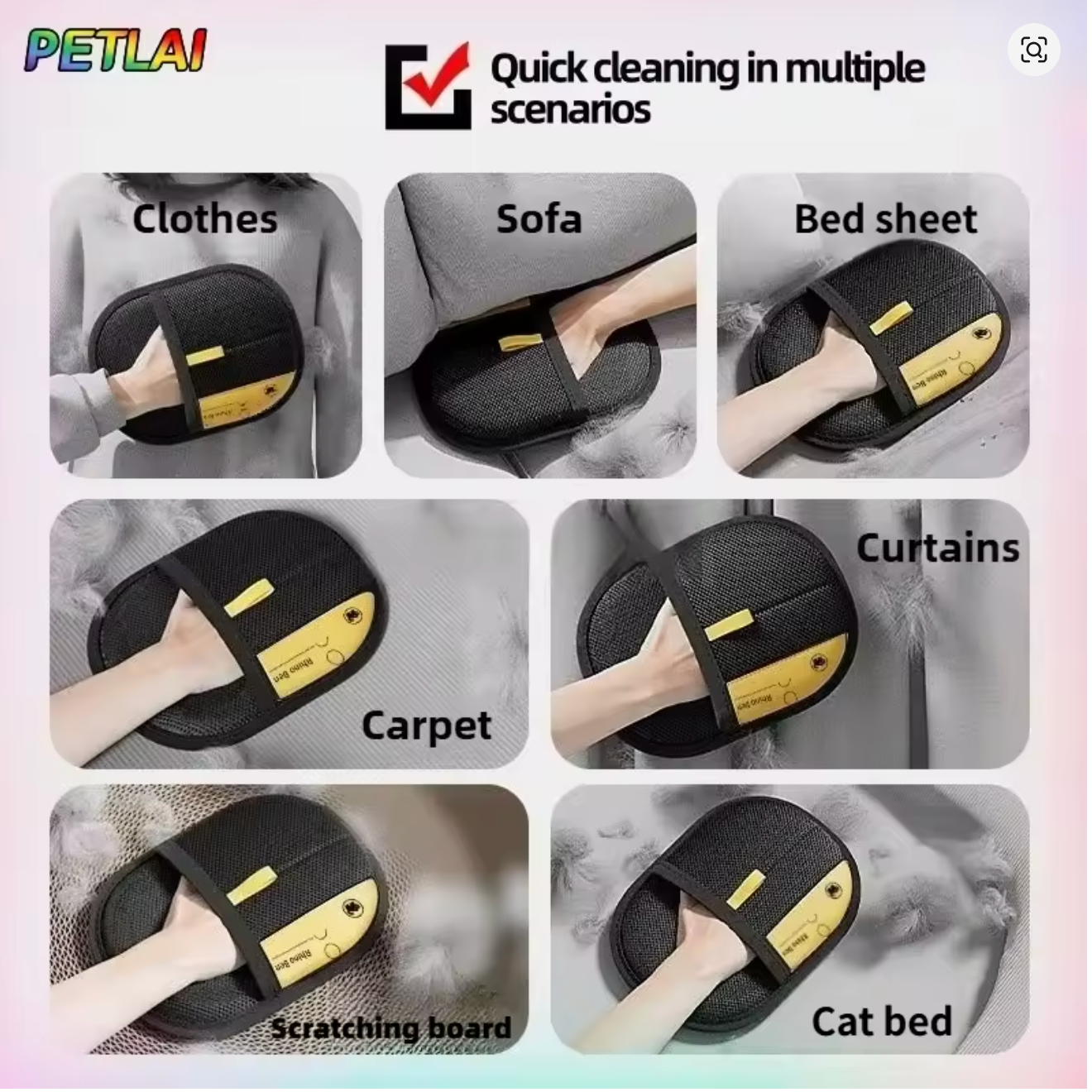 Pet hair remover pad usage scenarios - clothes, sofa, bed sheet, carpet, curtains, cat bed