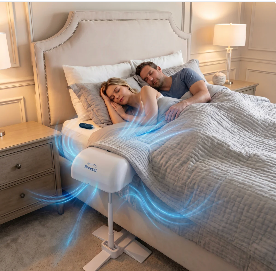 Breezel bed fan cooling couple sleeping under duvet with blue airflow visualization