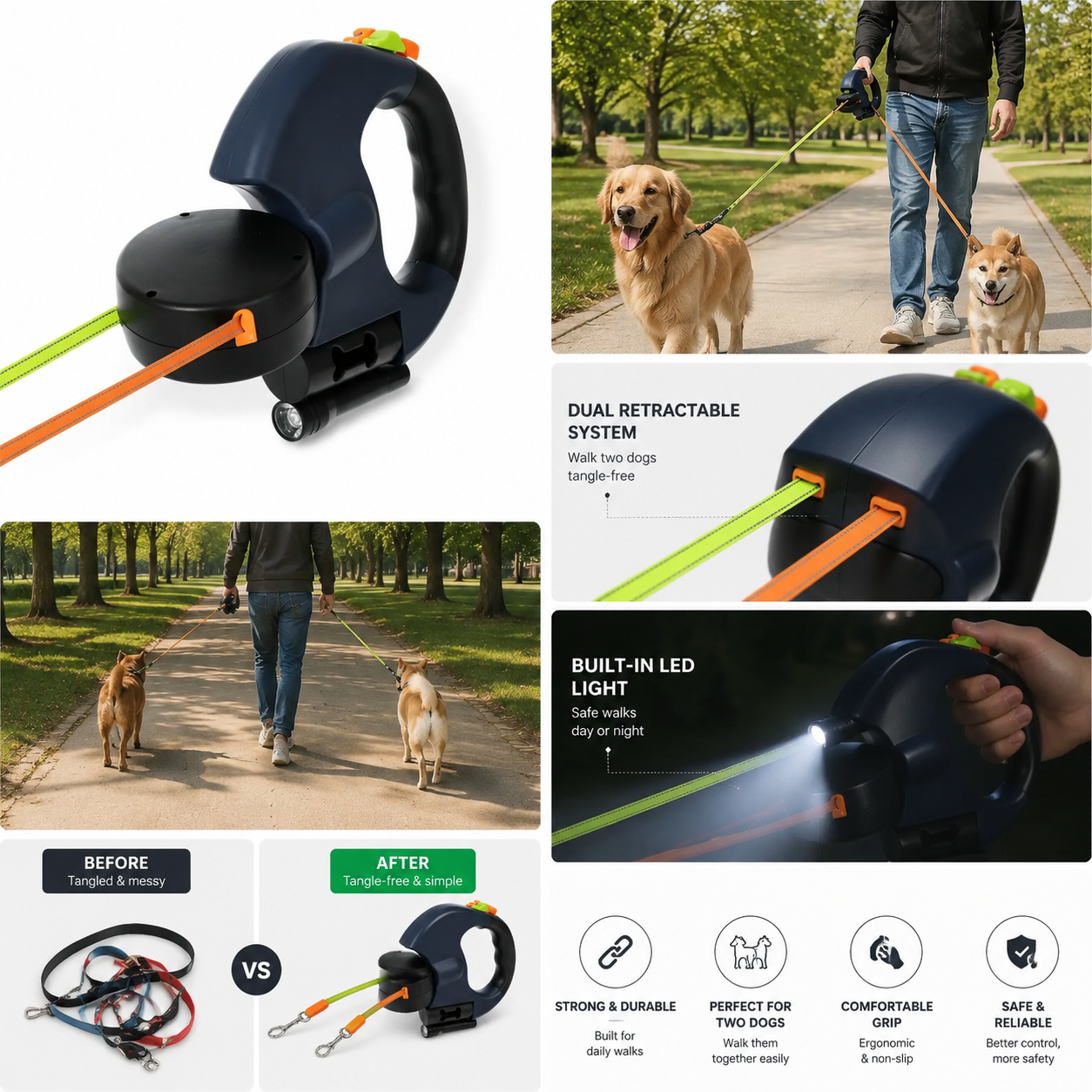 Dual Retractable Dog Lead – Walk Two Dogs Tangle-Free with Built-In LED