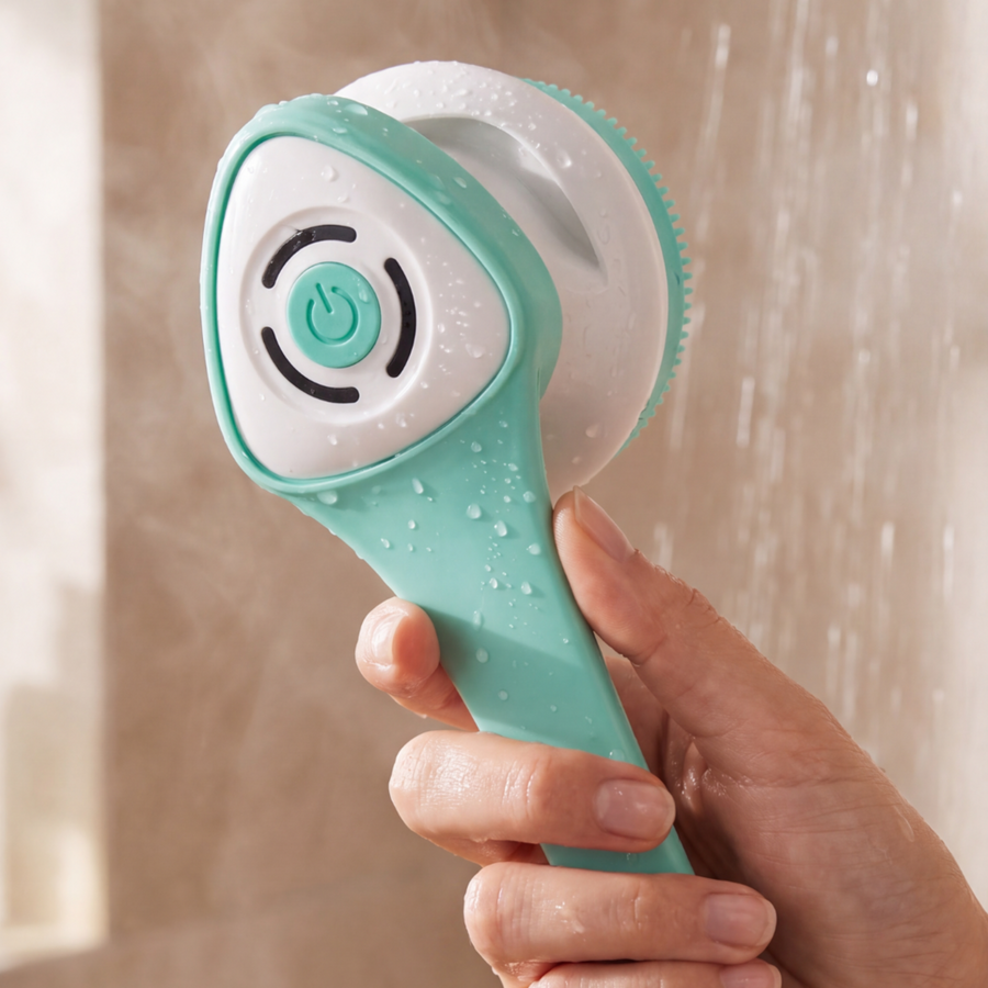SkinReset electric shower brush in use