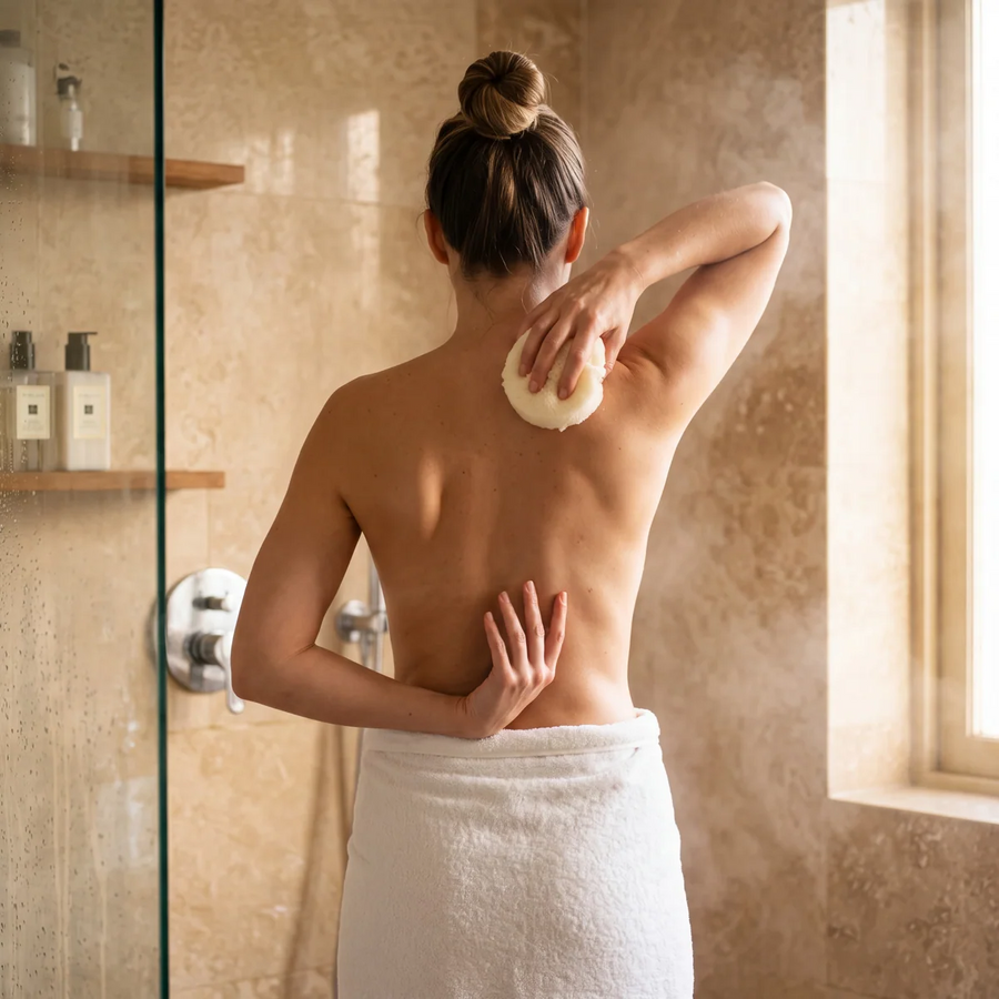 Woman unable to reach her back with a short sponge