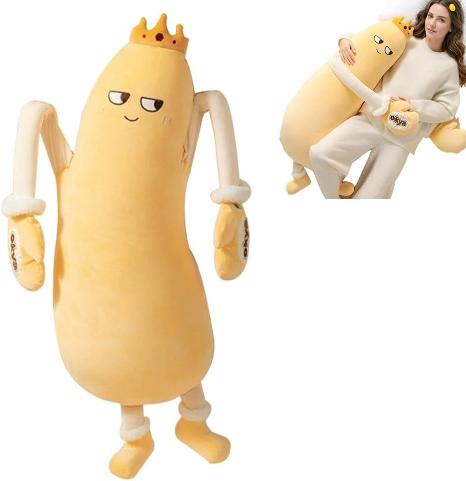 Banana King plush pillow with crown arms and legs - product and lifestyle shot
