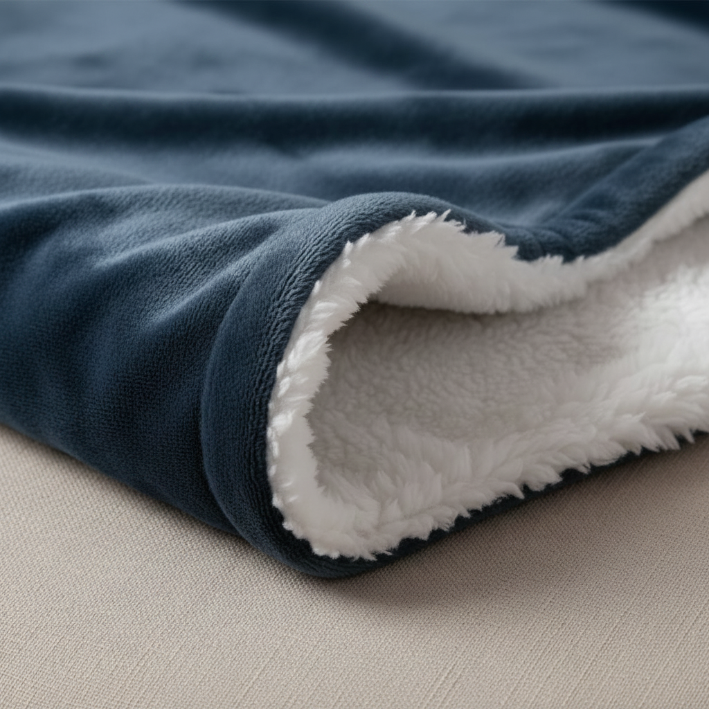 Close-up sherpa fleece blanket hoek — navy fleece en witte sherpa zichtbaar